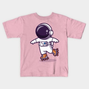 Astronaut Playing Roller Skates Cartoon Kids T-Shirt
